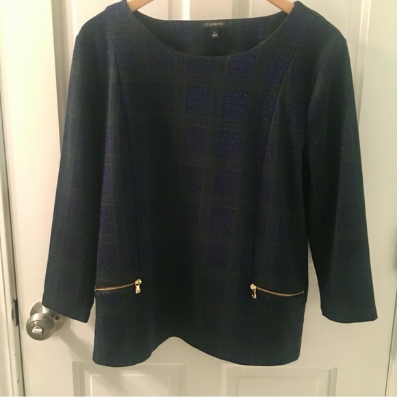 Talbots Zip Pocket Jacquard Green and Blue Plaid Print with Gold Hardware Large - Picture 1 of 7